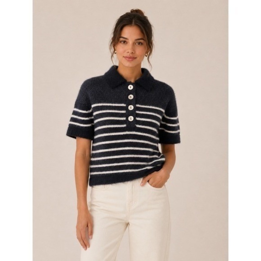a new day Black‎ and White Striped Short-Sleeve Polo Sweater